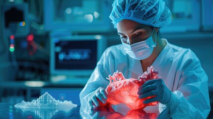 Medical 3D organ printing of model transplantation organ biological engineering in healthcare for surgical instruments, orthopedic and dental implants, AI generated for ads - obrazy, fototapety, plakaty