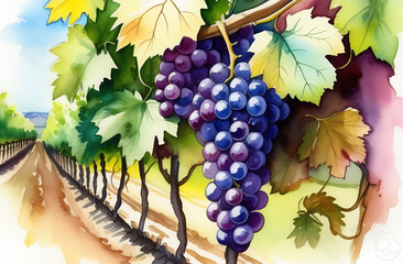 Illustration of a bunch of grapes in close-up on a sunny day. Winemaking. Industrial scales. New...