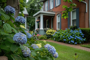 a house with blue flowers in front of it - Powered by Adobe