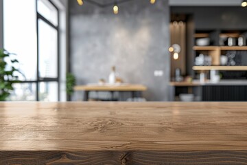 a wooden kitchen island - a blurred background of modern furniture with grey facade - obrazy, fototapety, plakaty