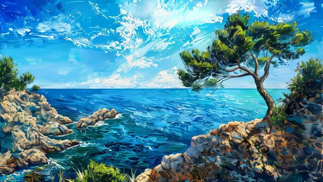 Sea landscape with a tree in the foreground and blue sky with clouds