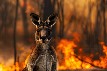 close-up, featuring a kangaroo with a burning forest in the background in Australia