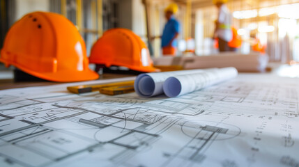 Architectural Plans at a Busy Construction Site.