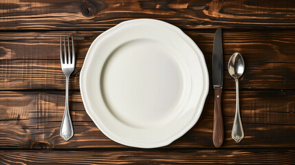 Dinner Setting on Wooden Surface, Knife Fork and Plate.