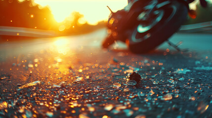 Motorcycle accident on a road. - obrazy, fototapety, plakaty