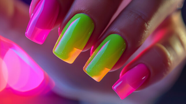 Green and Magenta Nails with a High-Gloss Finish.