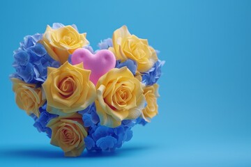 父の日をイメージした黄色いバラと青い花の花束（ブーケ・ピンクのハート・華やか）