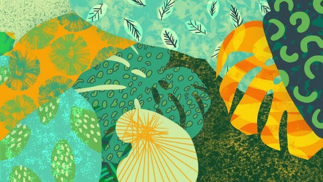 Abstract tropical plants loop. 80s-90s style background. Hand drawn colorful leaves, shapes, scribbles. Monstera, banana palms. Animated painting, digital brush strokes. Fun trendy retro animation.