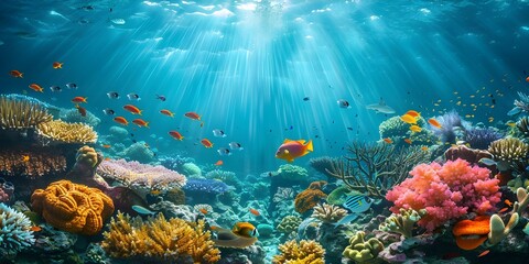Explore the vibrant world of coral reefs at risk of extinction. Concept Marine biodiversity, Coral reef conservation, Threatened ecosystems, Underwater beauty, Climate change impact