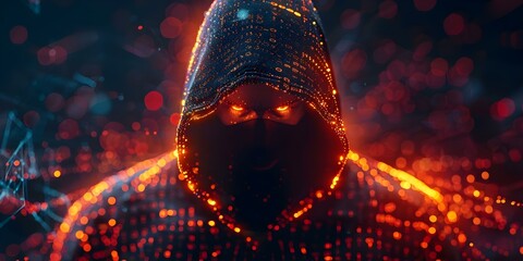 Hooded Figure: Symbol of Cybersecurity Threats and Challenges. Concept Cybersecurity Threats, Hooded Figure, Digital Privacy, Online Vulnerability, Internet Safety - obrazy, fototapety, plakaty