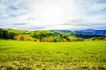 Autumnal landscape in the Black Forest. Nature with forests, hills and fields.
