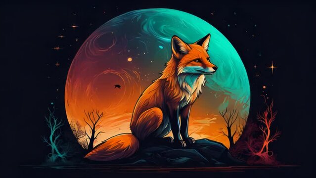 A fantastical illustration depicting a lone wolf standing amidst a desolate, barren wasteland bathed in the glow of sunset. 