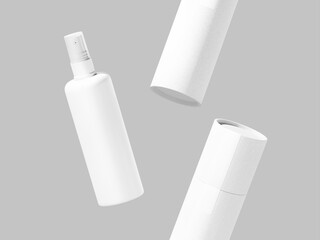 Front View Dynamic Setting White Blank Spray Bottle and Tube Packaging Mockup