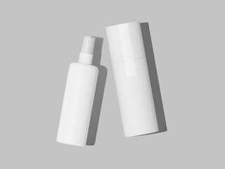 Flat Lay Setting White Blank Spray Bottle and Tube Packaging Mockup