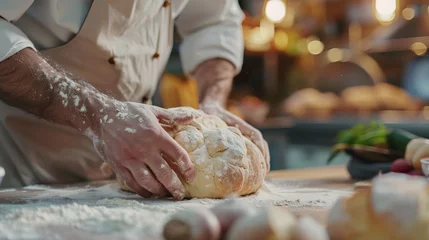 Papier Peint photo autocollant Boulangerie A close-up image capturing a male bakery chef skillfully kneading dough to prepare delicious bread
