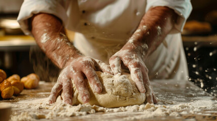 A close-up image capturing a male bakery chef skillfully kneading dough to prepare delicious bread