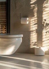 A roll of toilet paper lying on the floor near the toilet. Modern nice bathroom.