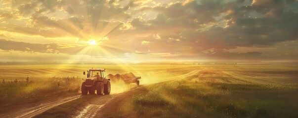 A tractor pulls a siding with fertilizer along a dirt road that leads to a field. - obrazy, fototapety, plakaty