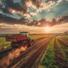 A tractor pulls a siding with fertilizer along a dirt road that leads to a field.
