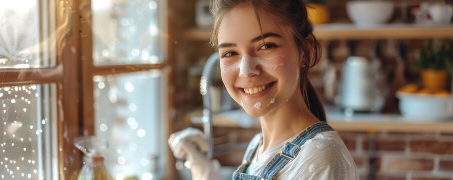 Beautiful young woman washing windows in her own kitchen on a sunny day.