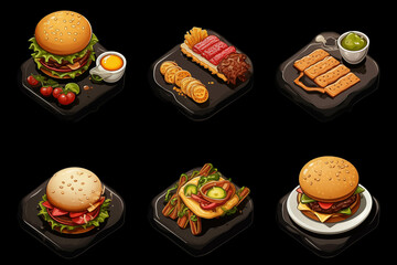 Overview drawing of a collection of various snacks on a black background.