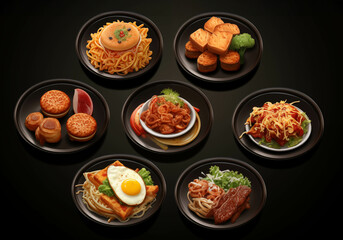 Overview drawing of a collection of various snacks on a black background.