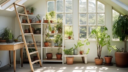 Fototapeta premium Sunroom with a rustic ladder used as a quirky plant stand.