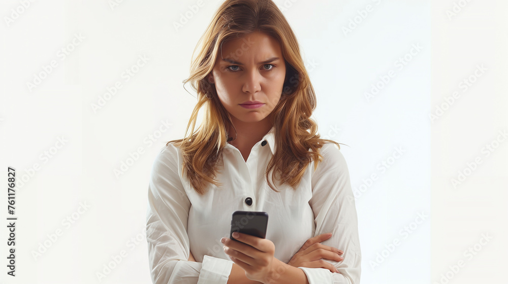 Wall mural angry woman employee officer holding mobile phone , isolated on white