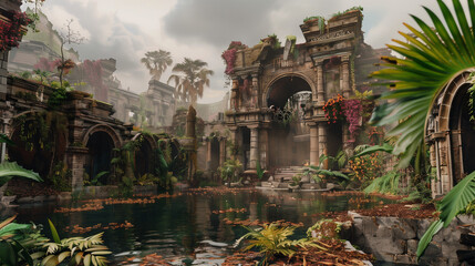 abandoned ruined kingdom , full of foliage and vine , fallen babylon garden