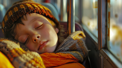 cute boy sleep in the school bus near by the window with warm light  - obrazy, fototapety, plakaty