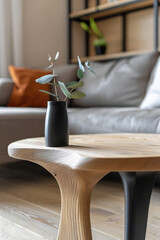Modern Designer Wooden Coffee Table. Minimalist coffee table with a unique curved leg. Exclusive designer furniture.