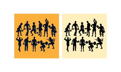 gym fitness silhouette set vector illustration,people, silhouette, business, vector, family, woman, group, illustration, teamwork, boy, walking, friends, businessman, couple, kid, sign, 