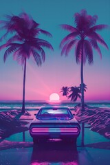 Classic car on a vibrant tropical beach at dusk. Retrowave, synthwave, outrun, vaporwave aesthetics. Summer vacation and travel concept. Retro-futuristic 80s style. Design for poster, print
