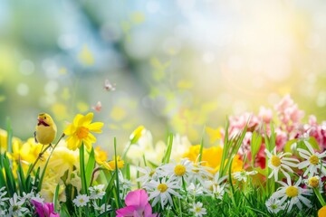 Celebrate the renewal of life in spring with blooming flowers, singing birds, and the promise of warmer days ahead, Generative AI - obrazy, fototapety, plakaty