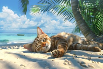 Cat sleeps under palm tree on a tropical beach. Design for banner, poster. Summer vacation and travel concept. Relaxation and resting - obrazy, fototapety, plakaty