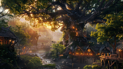 Obraz premium amazing fantasy tree house village in the forest with warm natural ight , elf village concept art