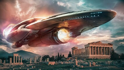 Ancient aliens spaceship entering in Earth sky ancient Rome Greece civilization dark cinematic scene Extraterrestrial beings invading attacking earth history archives mysterious destruction concept