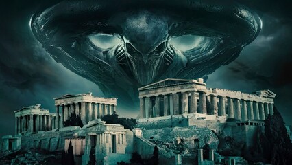 Ancient aliens spaceship entering in Earth sky ancient Rome Greece civilization dark cinematic scene Extraterrestrial beings invading attacking earth history archives mysterious destruction concept - obrazy, fototapety, plakaty