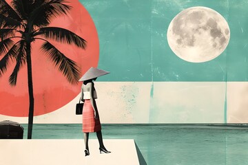 Retro collage with woman, palm trees, and moon. Design for banner, poster. Summer vacation and travel concept. Minimalistic composition. Vintage surrealism - Powered by Adobe