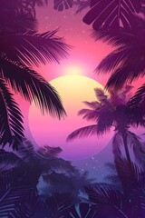 Retrowave neon palm trees at sunset background. Synthwave, outrun aesthetic. Design for banner, poster. Summer vacation and travel concept