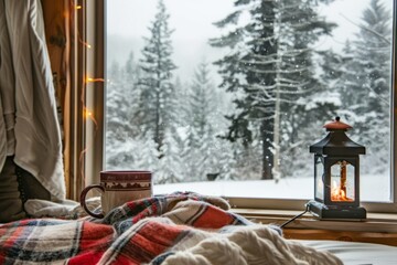 Cozy up by the fire in winter with blankets, hot cocoa, and the quiet beauty of snow-covered landscapes outside your window, Generative AI