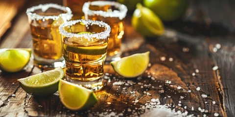 Fotobehang Cinco de Mayo. Tequila Tasting Experience with Glasses, Lime Slices, and Salt © ArtisanSamurai