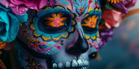 Fotobehang Cinco de Mayo. Calavera: Abstract Mexican Skull Face Paint with Intricate Floral Patterns and Vibrant Colors © ArtisanSamurai