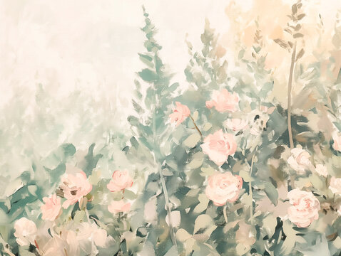 vintage floral background oil painting, softa pastel pink tones, green leaves.