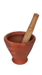 Clay Pestle And Wooden Mortar isolate on white background, Thai food