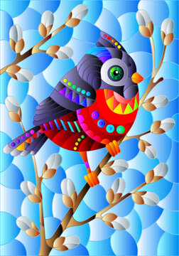 An illustration in the style of a stained glass window with a  cardinal bird on willow branches, against a blue sky