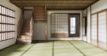 Empty  Livingroom japanese deisgn with tatami mat floor.