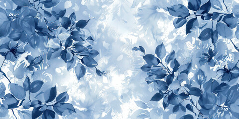 A captivating floral pattern with leaves in various shades of blue, creating a dreamlike atmosphere on a textured backdrop.
