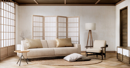 Fototapeta premium Interior mock up with sofa in japanese living room with empty wall.