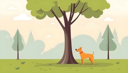 A dog is peeing near a tree. Flat design vector illustration. - obrazy, fototapety, plakaty